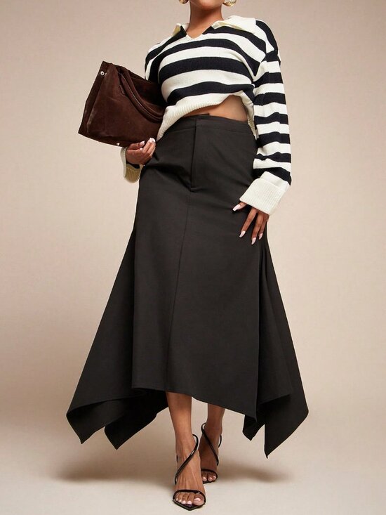 Dresses & Skirts - Black Elegant Women's Slight Stretch High Waist Asymmetrical Hem Office Skirt